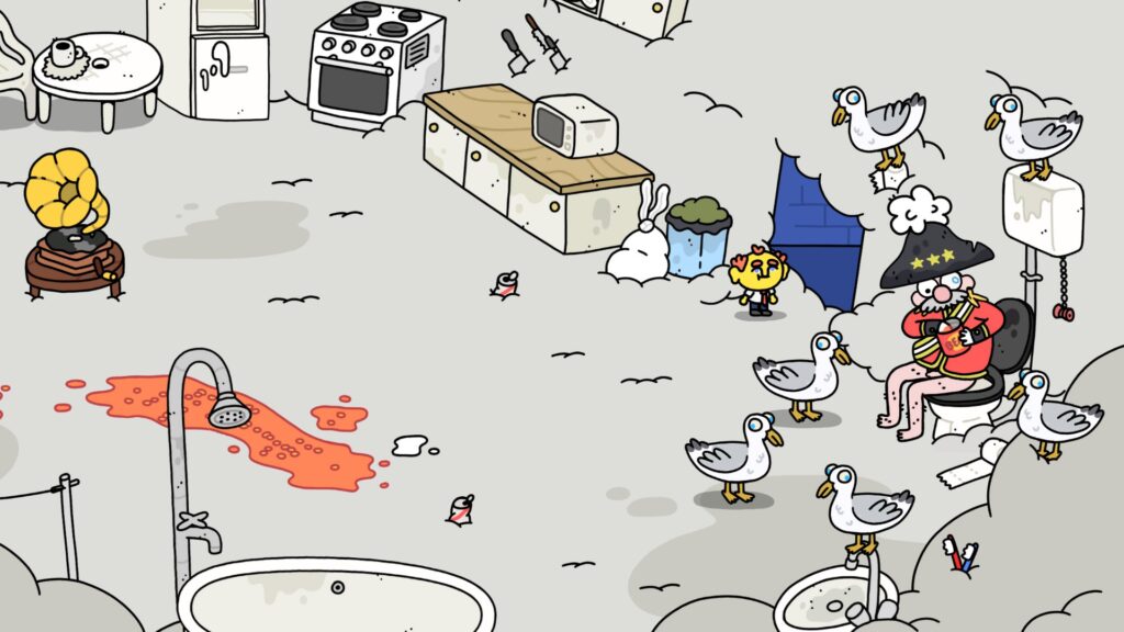 Screenshot from Thank Goodness You're Here. Player character stands in front of an escape hatch next to an assortment of seagulls, smeared beans on the floor, kitchen and bathroom appliances, and a man dressed as a Naval Commander sitting on a toilet.