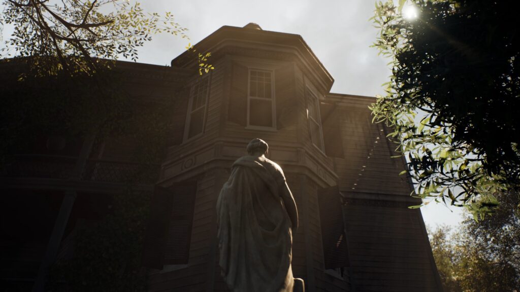 Screenshot from Sherlock Holmes: The Awakened. Shot of a mansion in 1800s New Orleans, framed with lush foliage and the back of a classical-greek-style statue in the center. I think it's supposed to be some kind of oracle or someone, but I didn't look too close in-game because I was focused on trying to find raccoons before the game wanted me to.