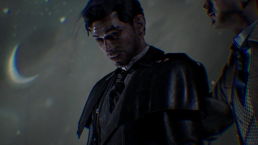 Screenshot from Sherlock Holmes: The Awakened. Sherlock is covered in dirt and blood, hair a mess and eyes open in a shell-shocked way, while the camera distorts around him. Sugar Daddy Watson is partially off-camera but you see his torso and arm to the side, where he's touching Sherlock on the back to steady and/or console him. It's tough being mentally wrecked by Eldritch Rituals, but they'll get through it.